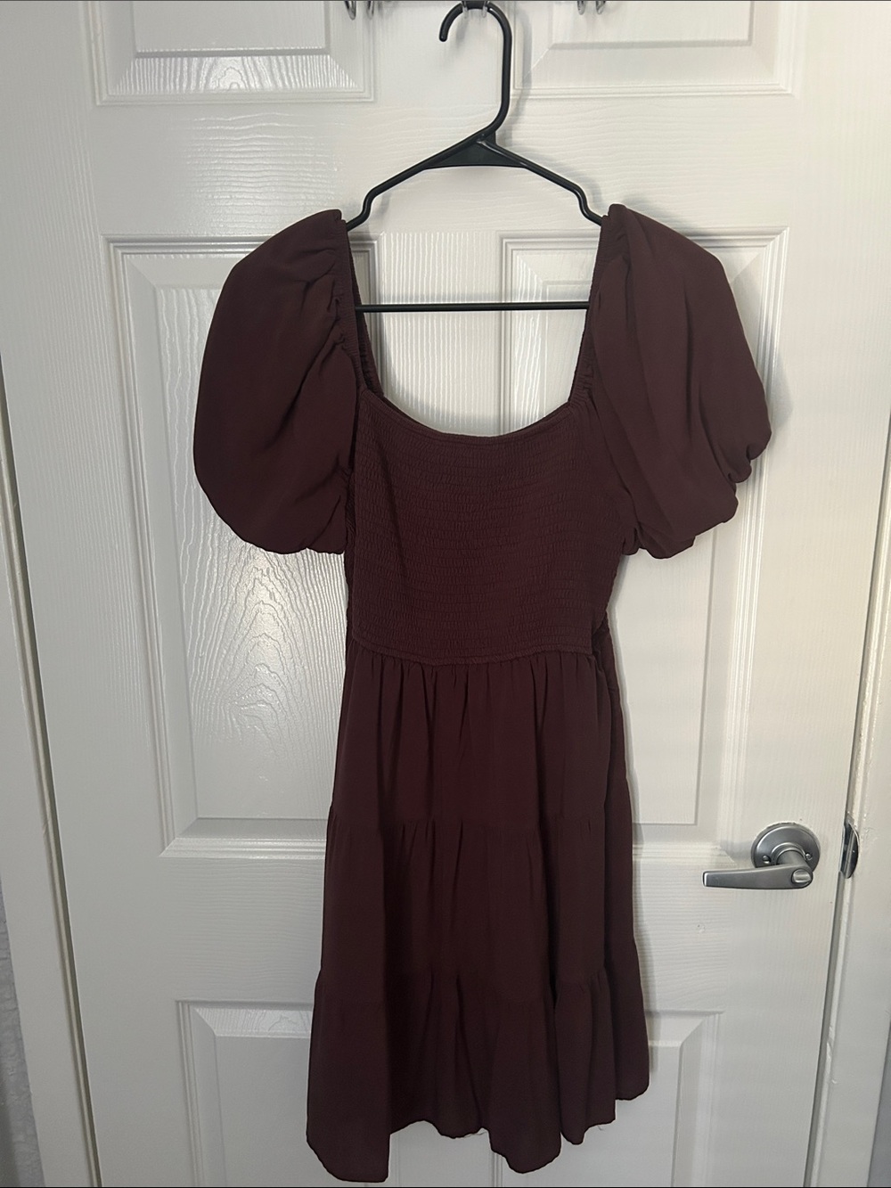 Puff Sleeve Smocked Mini Dress in Burgundy